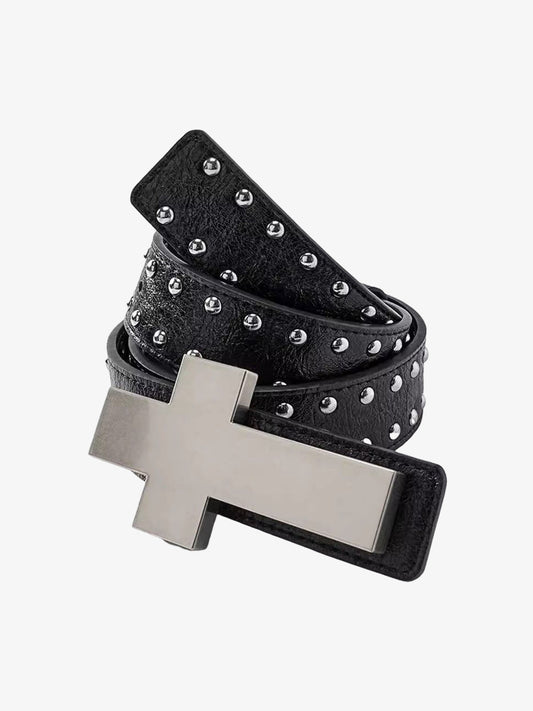Studded Black Leather Belt with Cross Buckle for Men and Women?