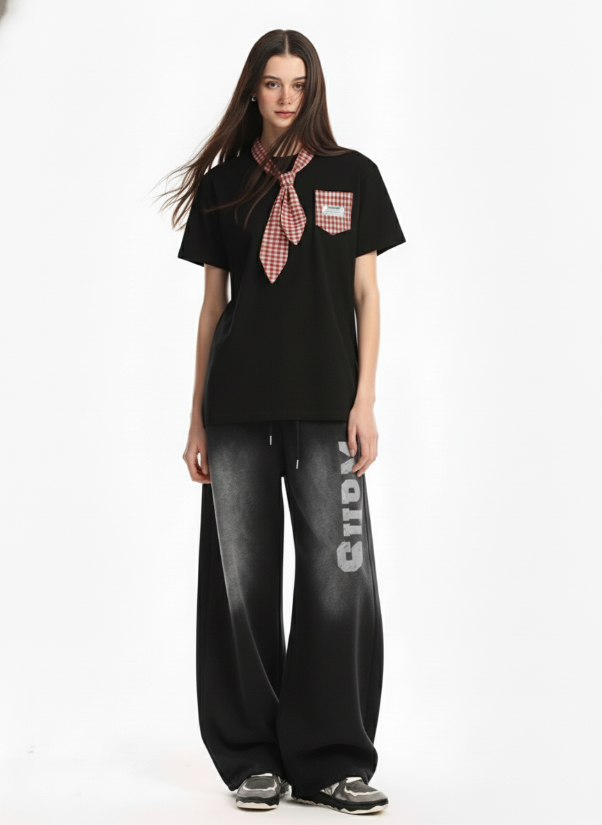 Street Plaid Tie Short Sleeve T-Shirt