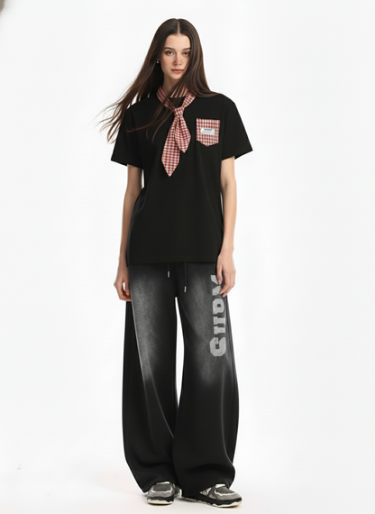 Street Plaid Tie Short Sleeve T-Shirt