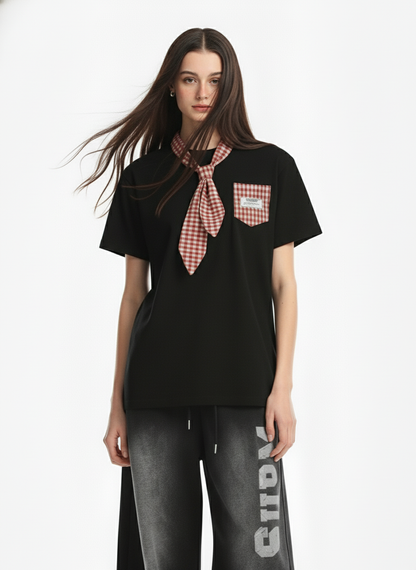 Street Plaid Tie Short Sleeve T-Shirt