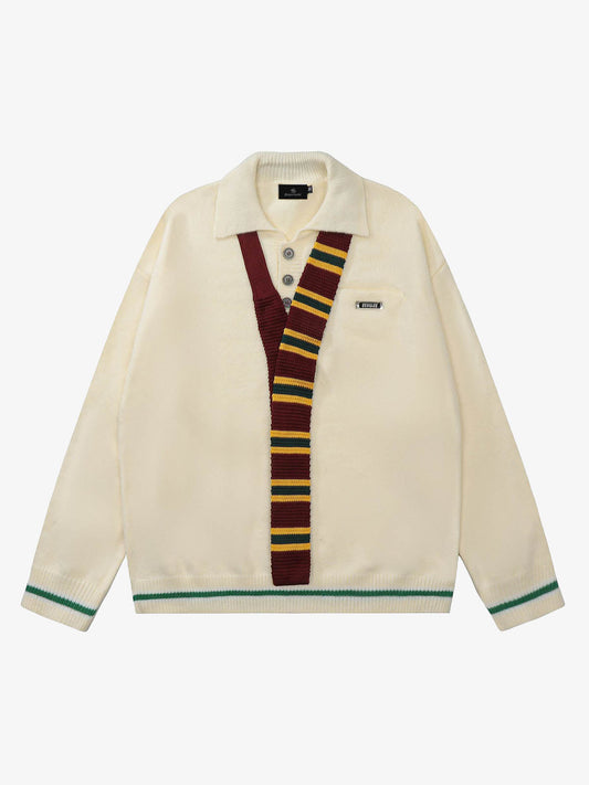 Retro Striped Contrast Panel Button-Up Collar Sweater 