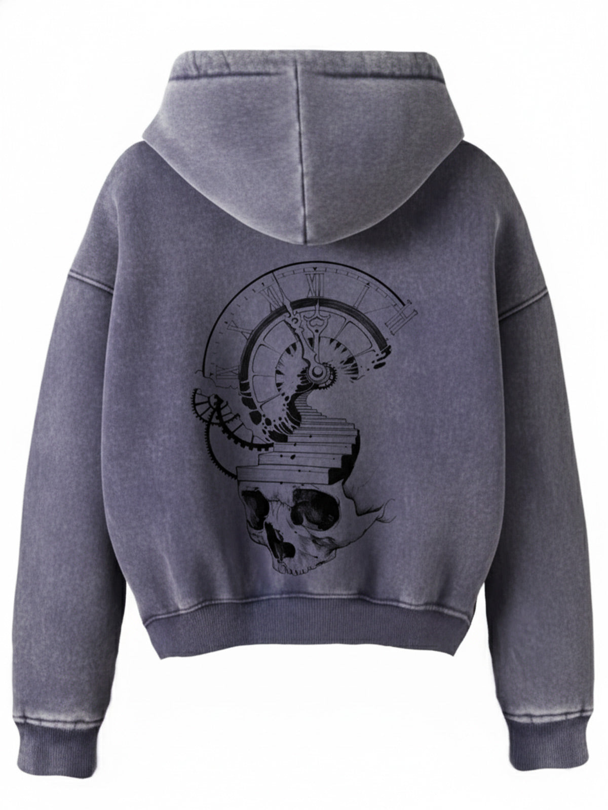 Thesupermade Washed Batik Distressed Double Zipper Cardigan Hooded Sweatshirt Hand-painted Skull Clock 