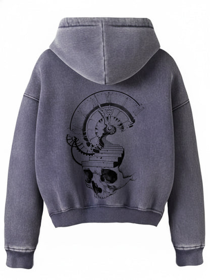 Thesupermade Washed Batik Distressed Double Zipper Cardigan Hooded Sweatshirt Hand-painted Skull Clock 