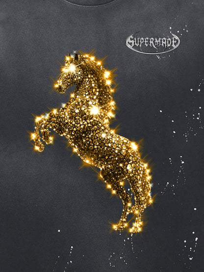 Unisex Washed Ink Blending Dual Color Cotton Horse Year Embroidered Diamond Horse Element Pattern Short-Sleeve T-Shirt?