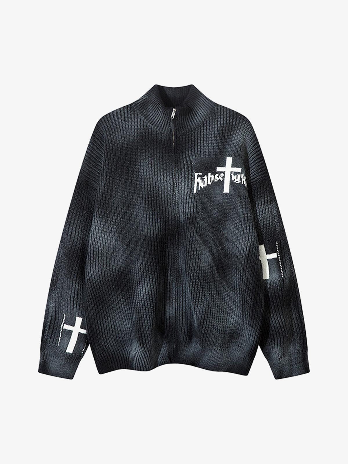 Ribbed Knit Dirty Dyed Embroidery Cross Sweater 