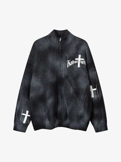 Ribbed Knit Dirty Dyed Embroidery Cross Sweater 