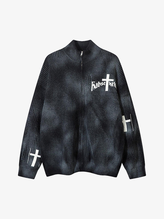 Ribbed Knit Dirty Dyed Embroidery Cross Sweater 