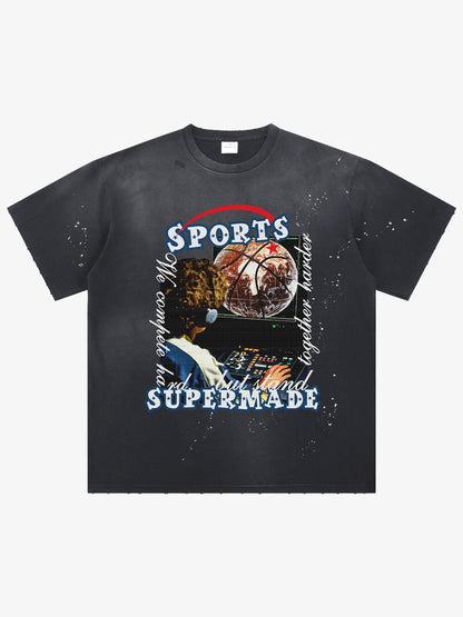 thesupermade-"Retro Basketball Radio" "Sports Know No Borders" Graphic Tee-Retro Ink Splash Streetwear Oversized T-Shirt 