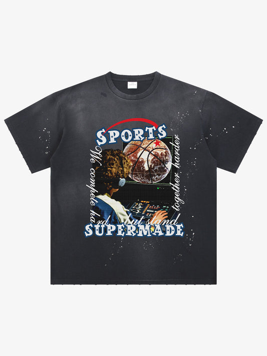 thesupermade-"Retro Basketball Radio" "Sports Know No Borders" Graphic Tee-Retro Ink Splash Streetwear Oversized T-Shirt 