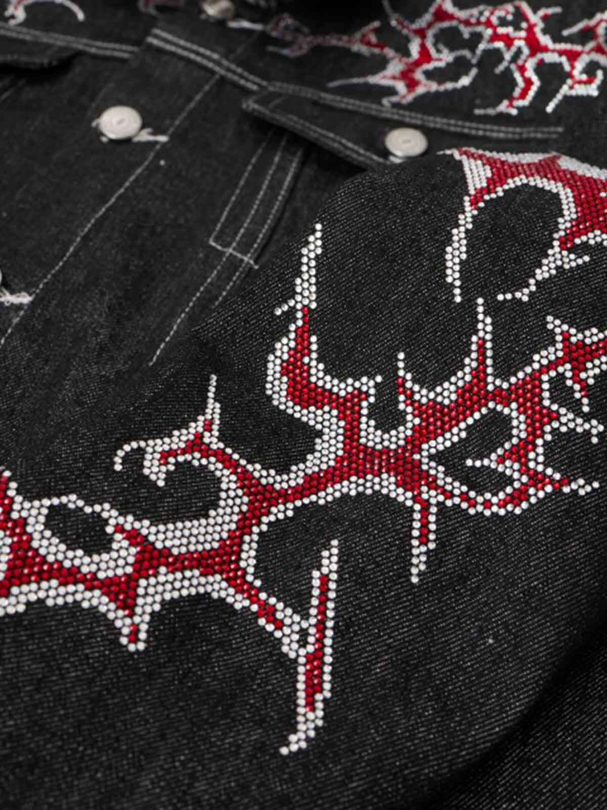 Black Denim Jacket with Red Embroidered Design for Men 