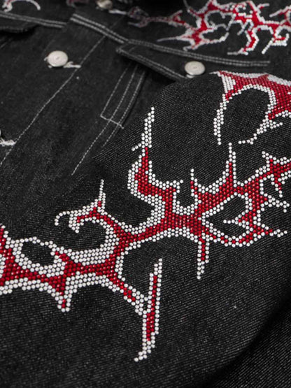 Black Denim Jacket with Red Embroidered Design for Men 