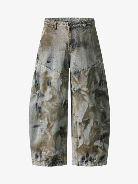 Denim Tie-Dye Wide-Leg Cropped Pants for Women High Waist Loose Fit Summer Casual Fashion 