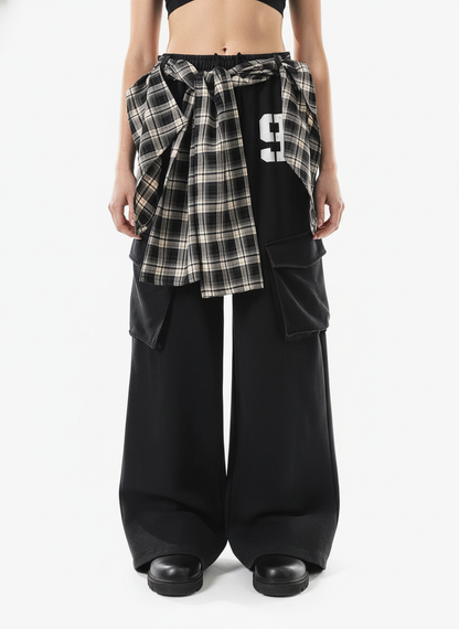 Retro Plaid Patchwork Tie-Belt Wide-Leg Barrel Pants