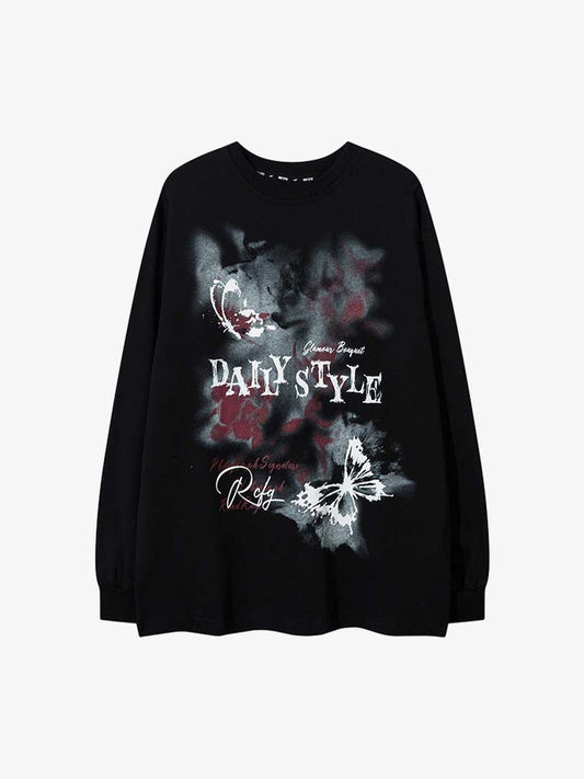 Butterfly Letters Printed Round Neck Long Sleeve T-shirt 
