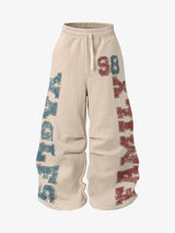Retro Fleece-Lined Color-Block Letter Print Baggy Pants
