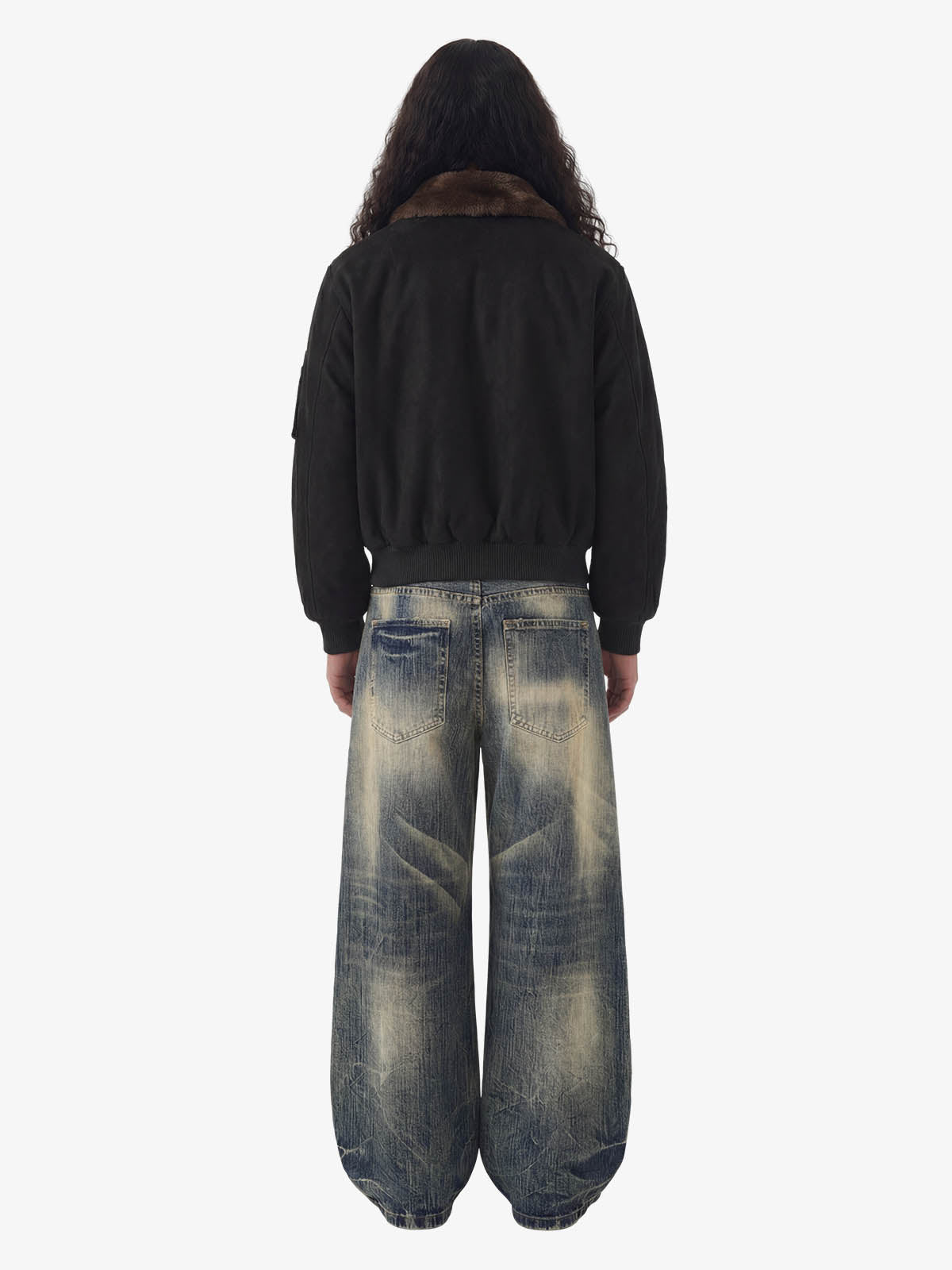 Retro Suede Faux Fur Collar Fleece Lined Bomber Jacket