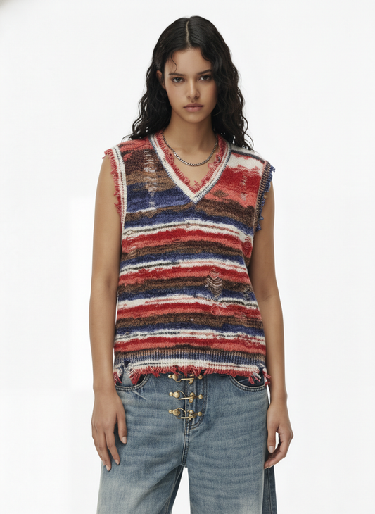 Frayed Edge Striped V Neck Knit Vest
