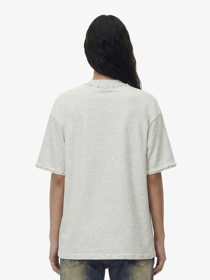 Elegant Pearl-Embellished Oversized T-Shirt