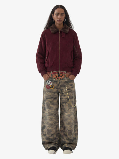 Retro Suede Faux Fur Collar Fleece Lined Bomber Jacket