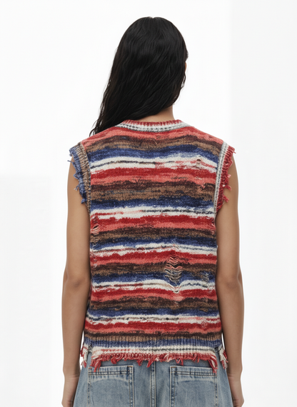 Frayed Edge Striped V Neck Knit Vest