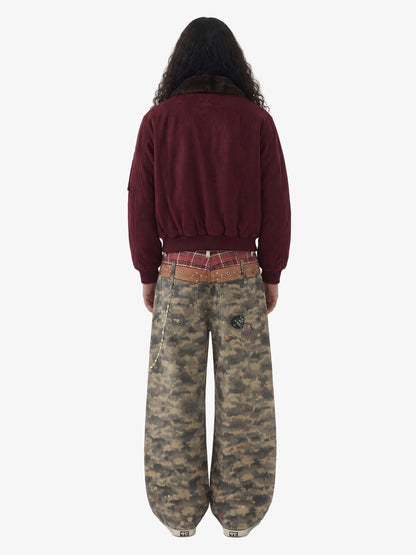 Retro Suede Faux Fur Collar Fleece Lined Bomber Jacket