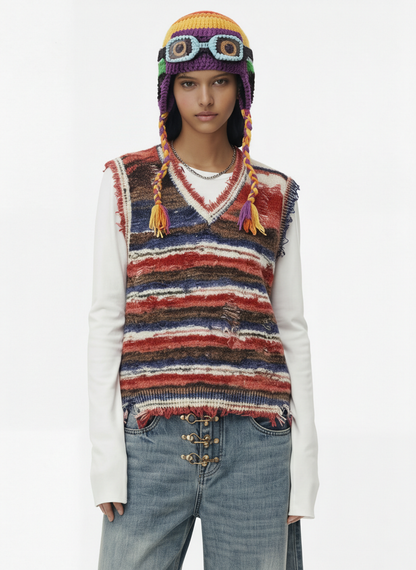 Frayed Edge Striped V Neck Knit Vest