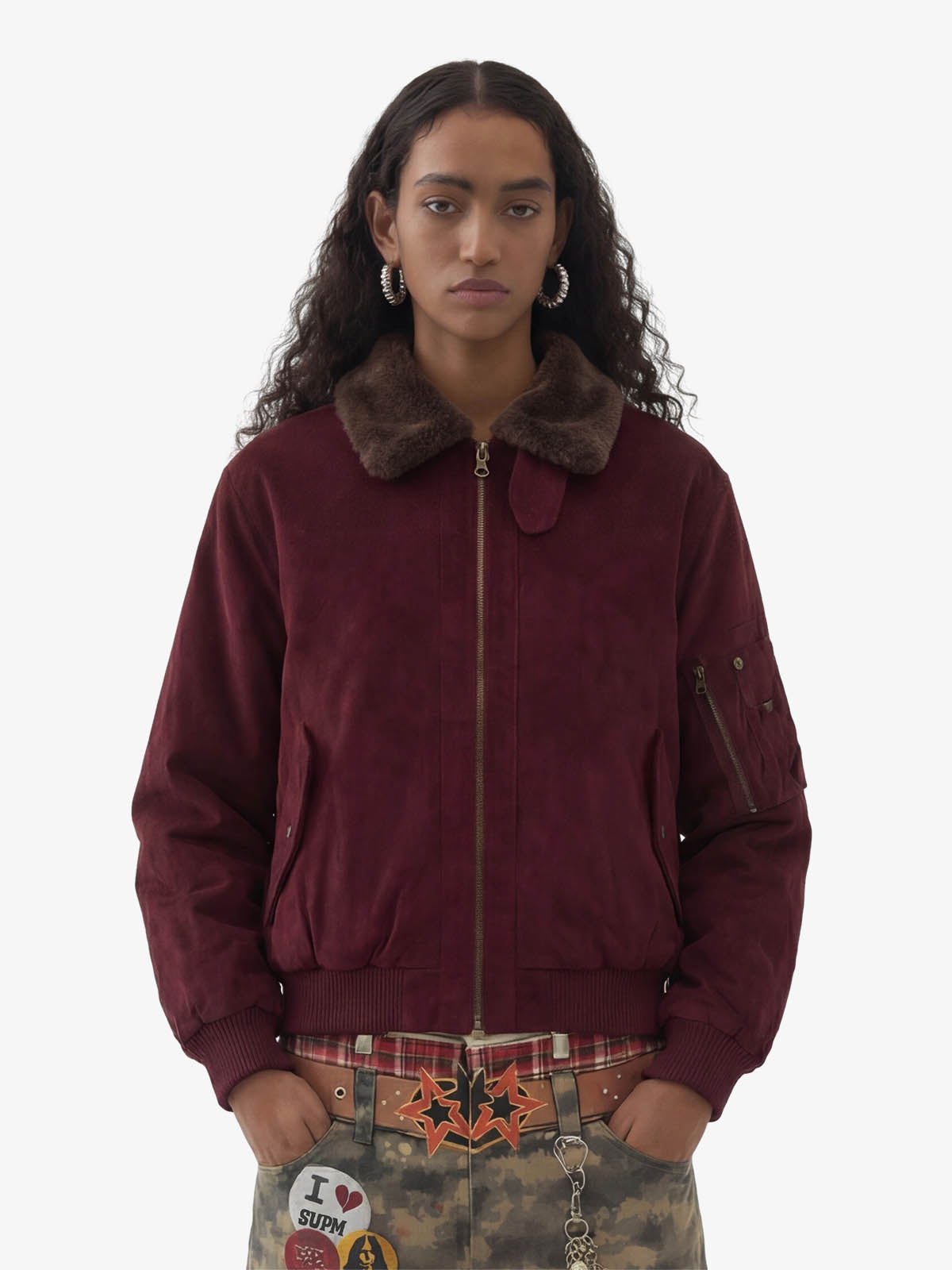 Retro Suede Faux Fur Collar Fleece Lined Bomber Jacket