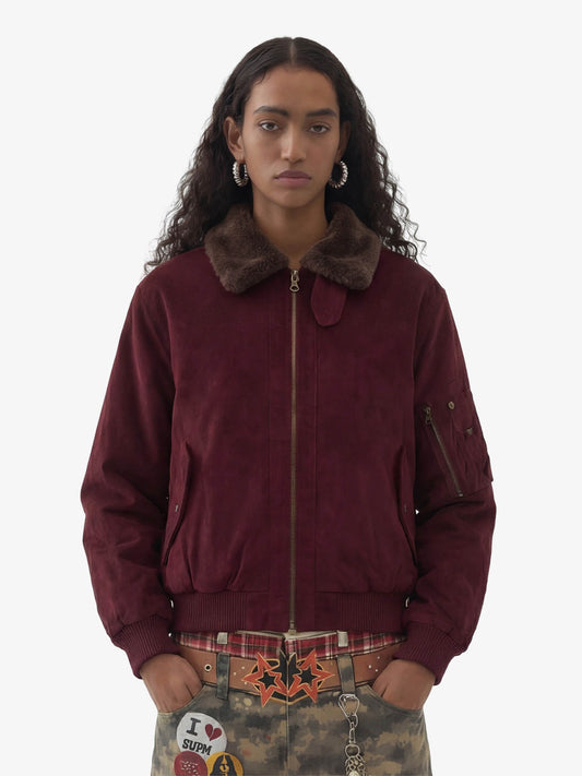 Retro Suede Faux Fur Collar Fleece Lined Bomber Jacket