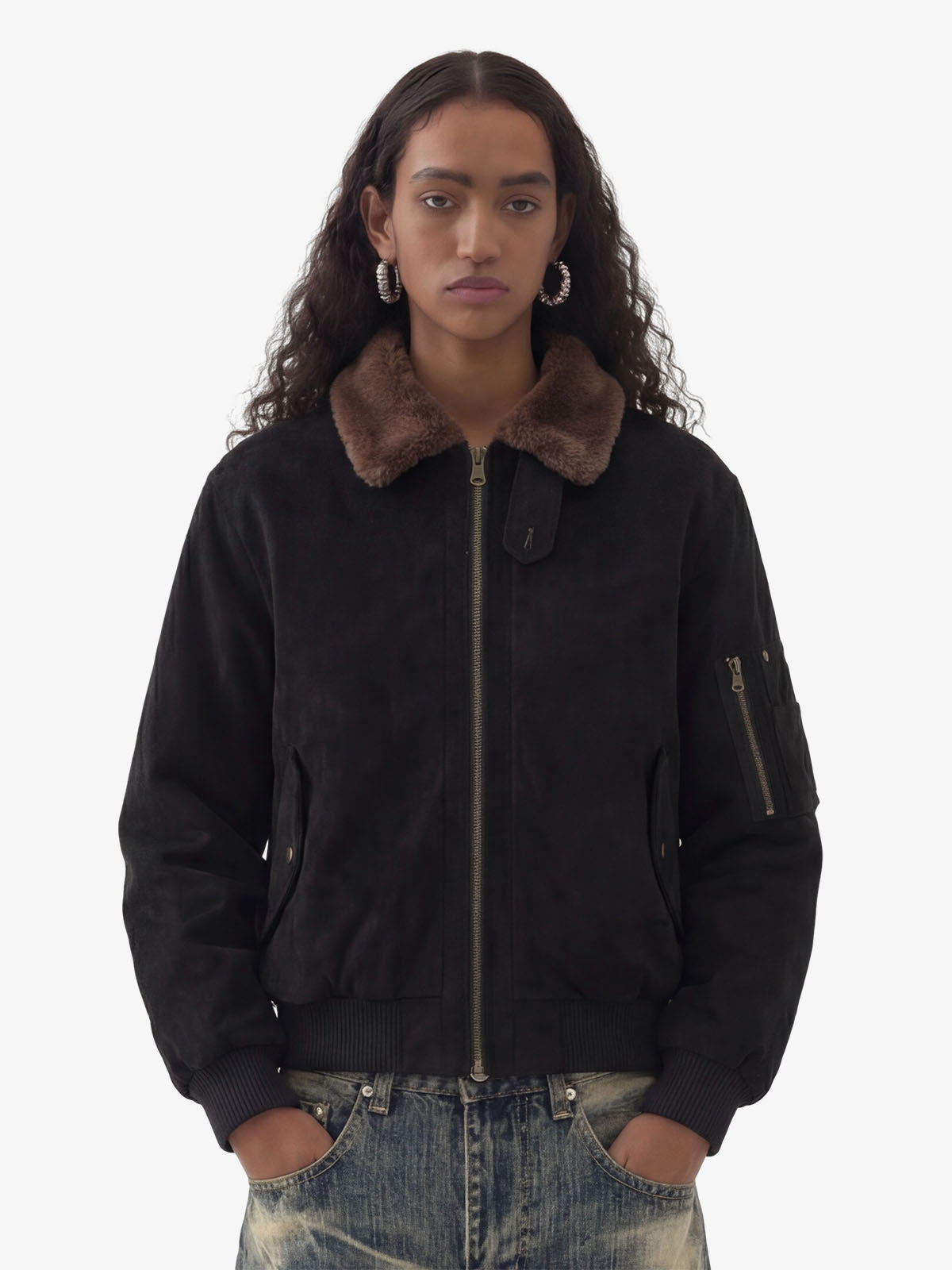 Retro Suede Faux Fur Collar Fleece Lined Bomber Jacket