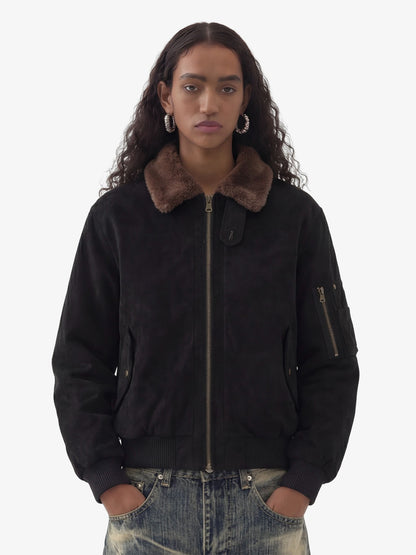 Retro Suede Faux Fur Collar Fleece Lined Bomber Jacket