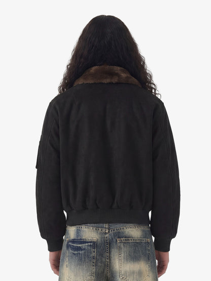 Retro Suede Faux Fur Collar Fleece Lined Bomber Jacket