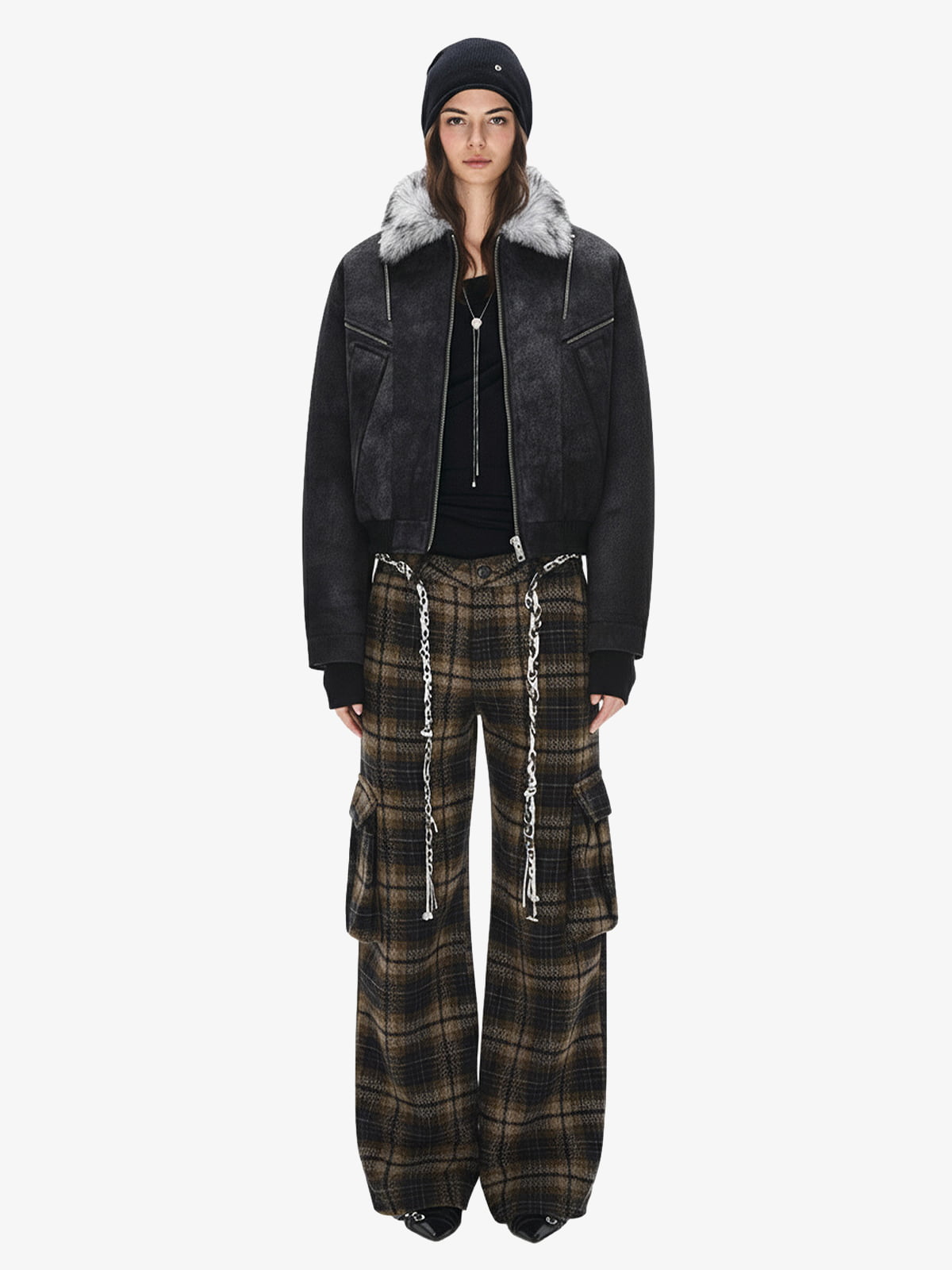 Fur Collar Moto-Style Zip Up Bomber Jacket