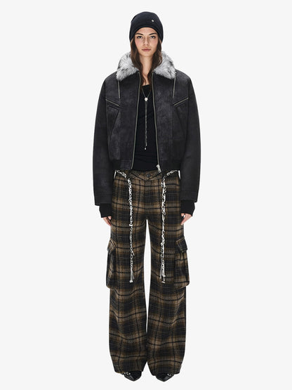 Fur Collar Moto-Style Zip Up Bomber Jacket