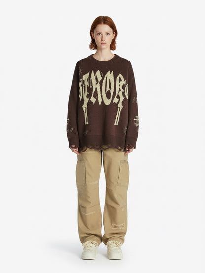 High Street Letter Jacquard Ripped Tassel Sweater