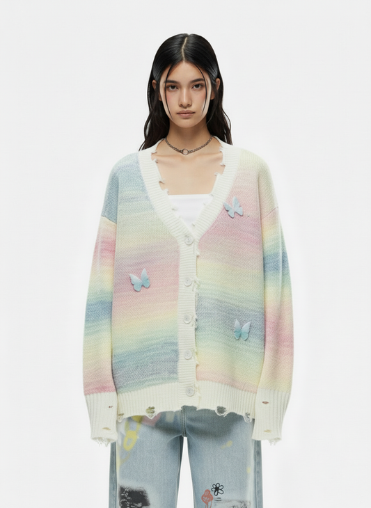 Vintage Gradient Butterfly Distressed Cardigan Sweater