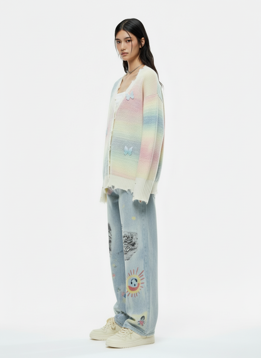 Vintage Gradient Butterfly Distressed Cardigan Sweater