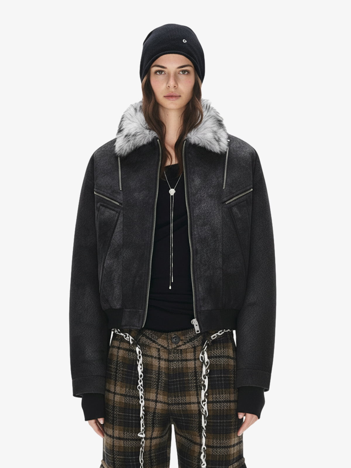 Fur Collar Moto-Style Zip Up Bomber Jacket
