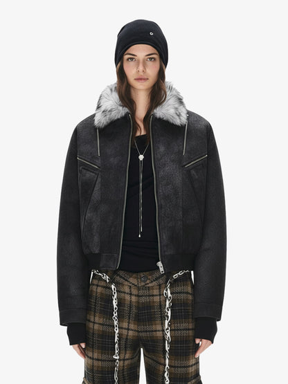 Fur Collar Moto-Style Zip Up Bomber Jacket