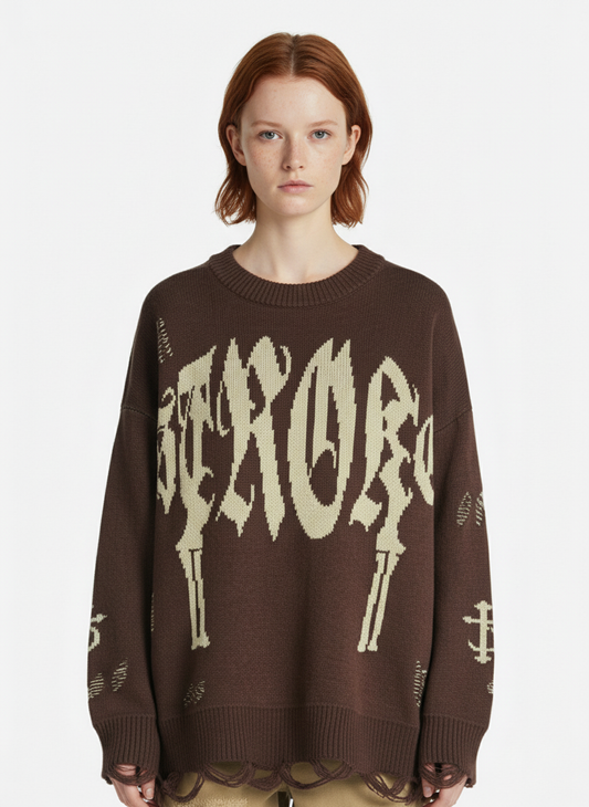 High Street Letter Jacquard Ripped Tassel Sweater
