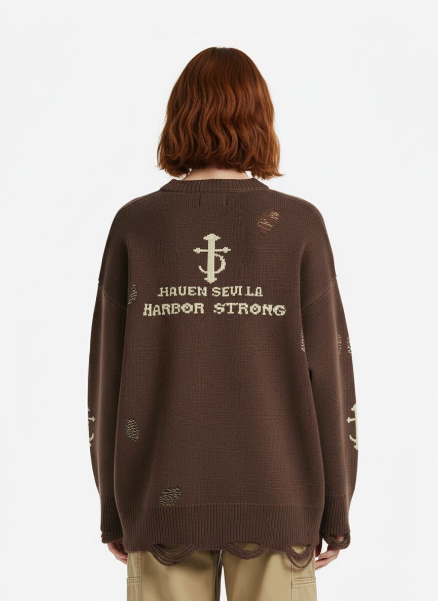 High Street Letter Jacquard Ripped Tassel Sweater