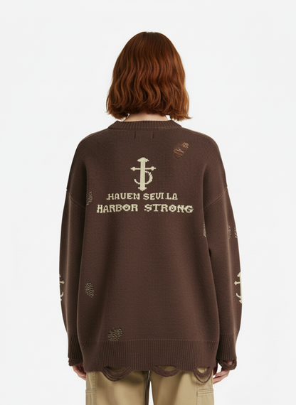 High Street Letter Jacquard Ripped Tassel Sweater