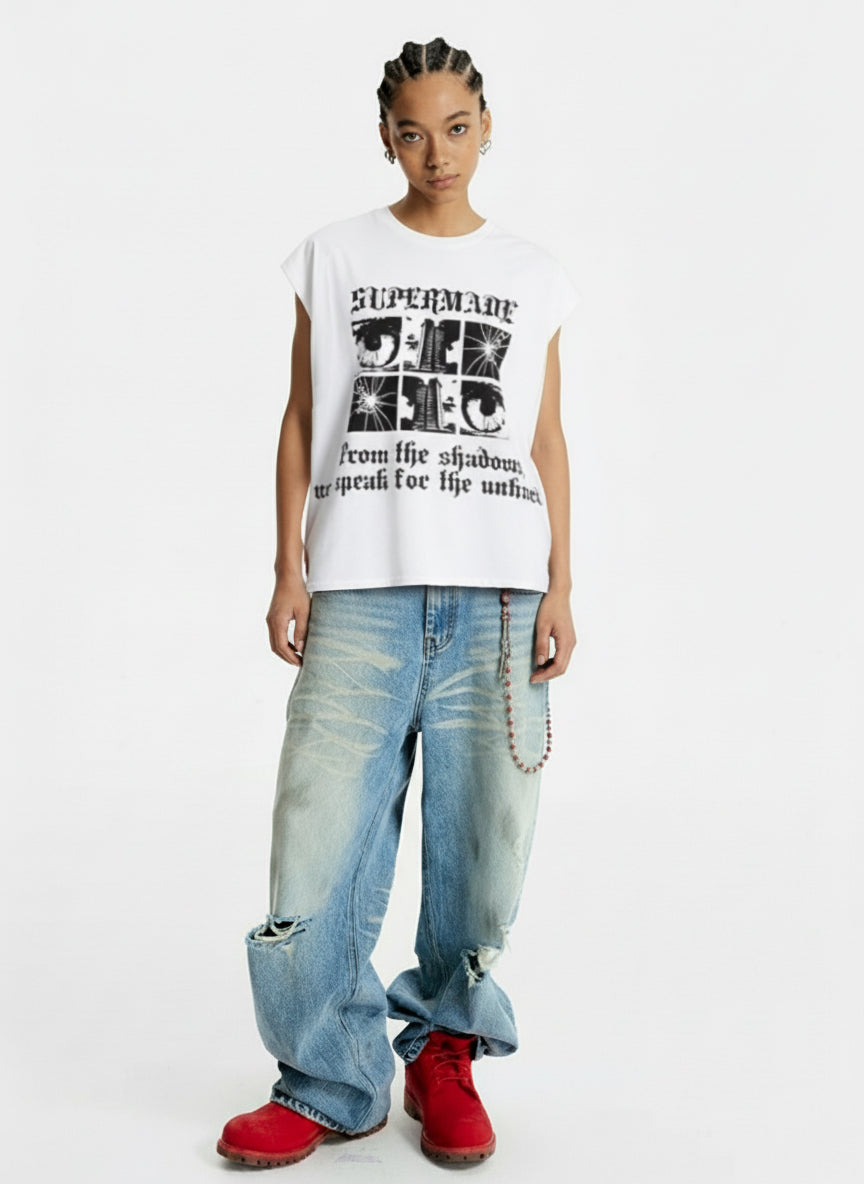 Gothic Text Graphic Cut-Off Sleeveless T-Shirt