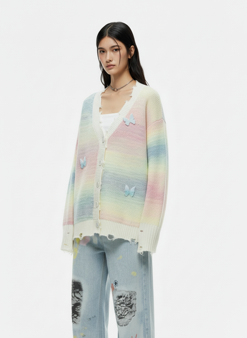 Vintage Gradient Butterfly Distressed Cardigan Sweater