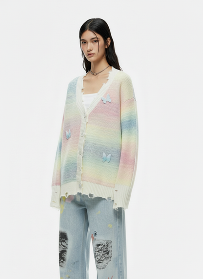 Vintage Gradient Butterfly Distressed Cardigan Sweater