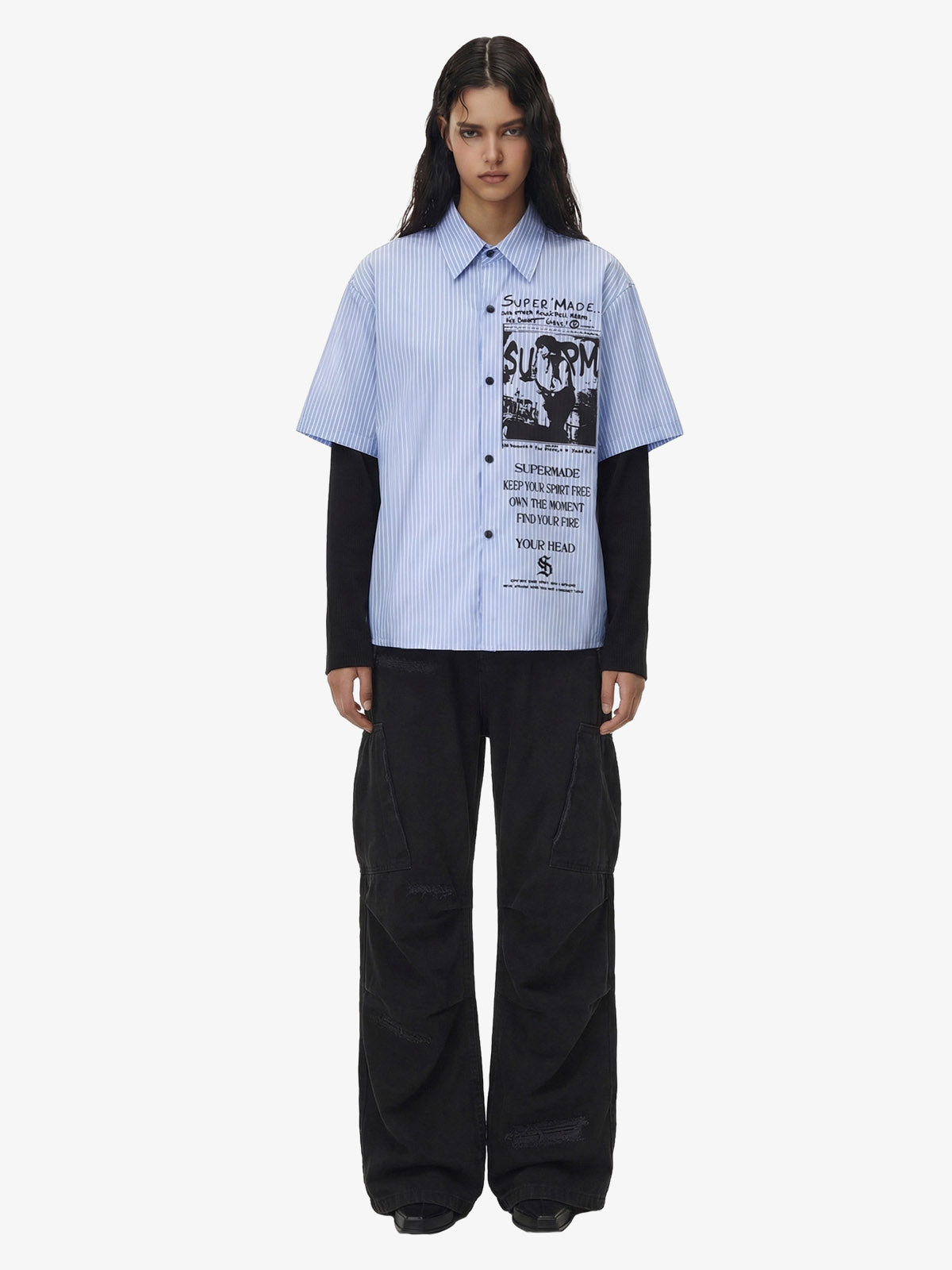 Vintage Illustration Striped Faux Two-Piece Shirt?