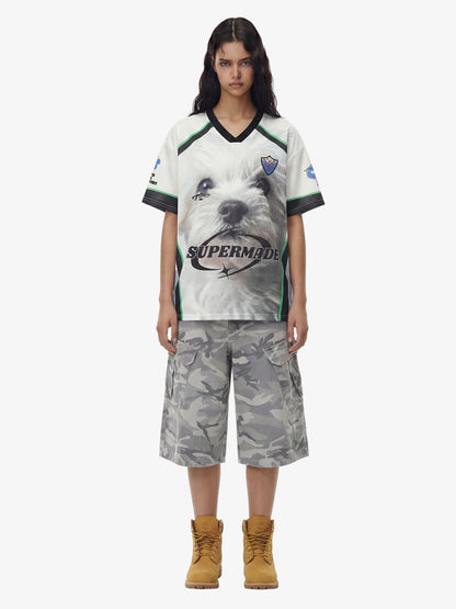 Dog Graphic Patchwork Color-Block V-Neck Jersey T-Shirt