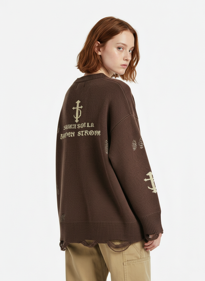 High Street Letter Jacquard Ripped Tassel Sweater