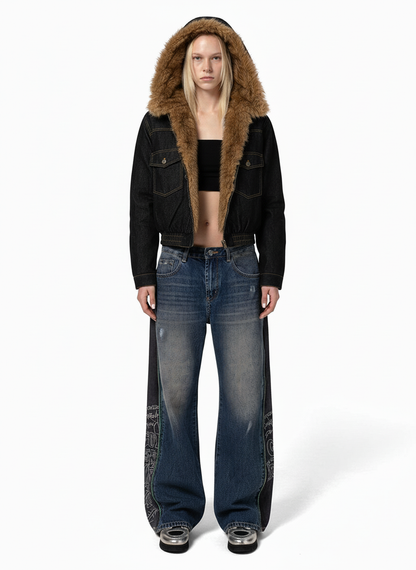 Vintage Denim Mental Buckle Faux Fur Lined Hoodie Jacket