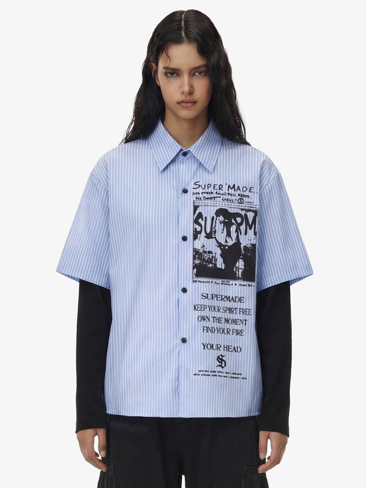 Vintage Illustration Striped Faux Two-Piece Shirt