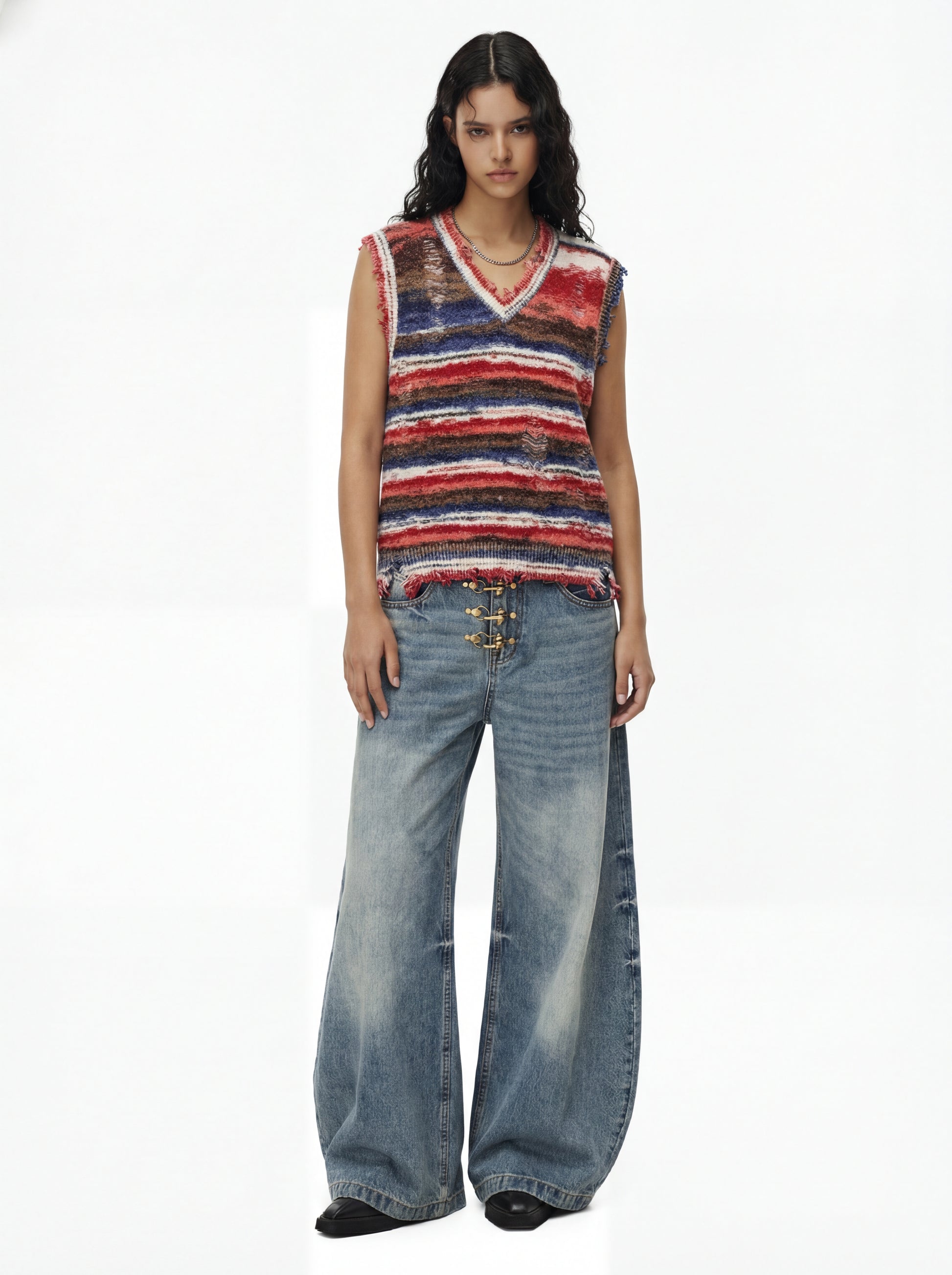 Frayed Edge Striped V Neck Knit Vest